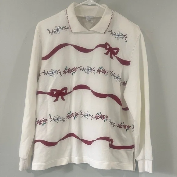 Alfred Dunner White and Red long  Sleeve  pullover  L petite VTG red bow - Picture 2 of 15